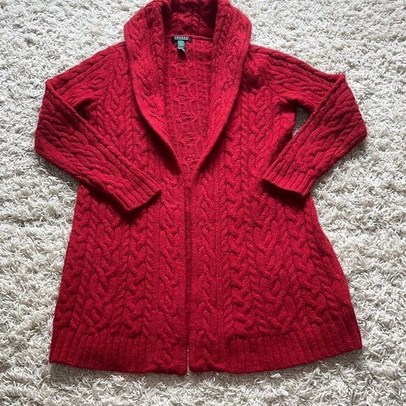 Ralph Lauren Red Cable Knit Shawl Collar Long Cardigan Wool Mohair Angora L - Picture 5 of 14